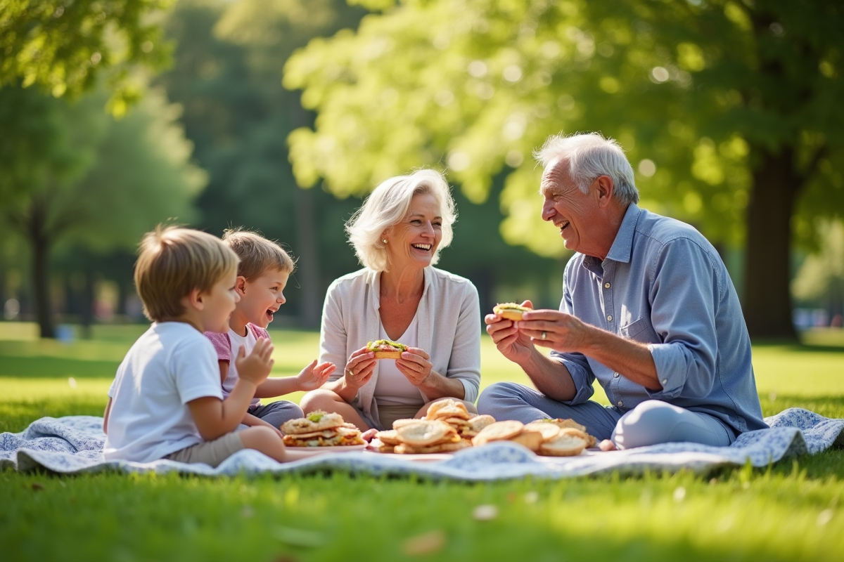 Grandparents partageant un pique-nique avec petits-enfants