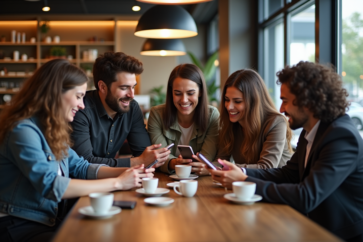 Groupe diversifié comparant des applications crypto sur smartphones en café