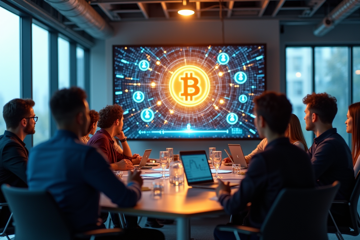 Groupe de personnes discutant autour d un écran blockchain
