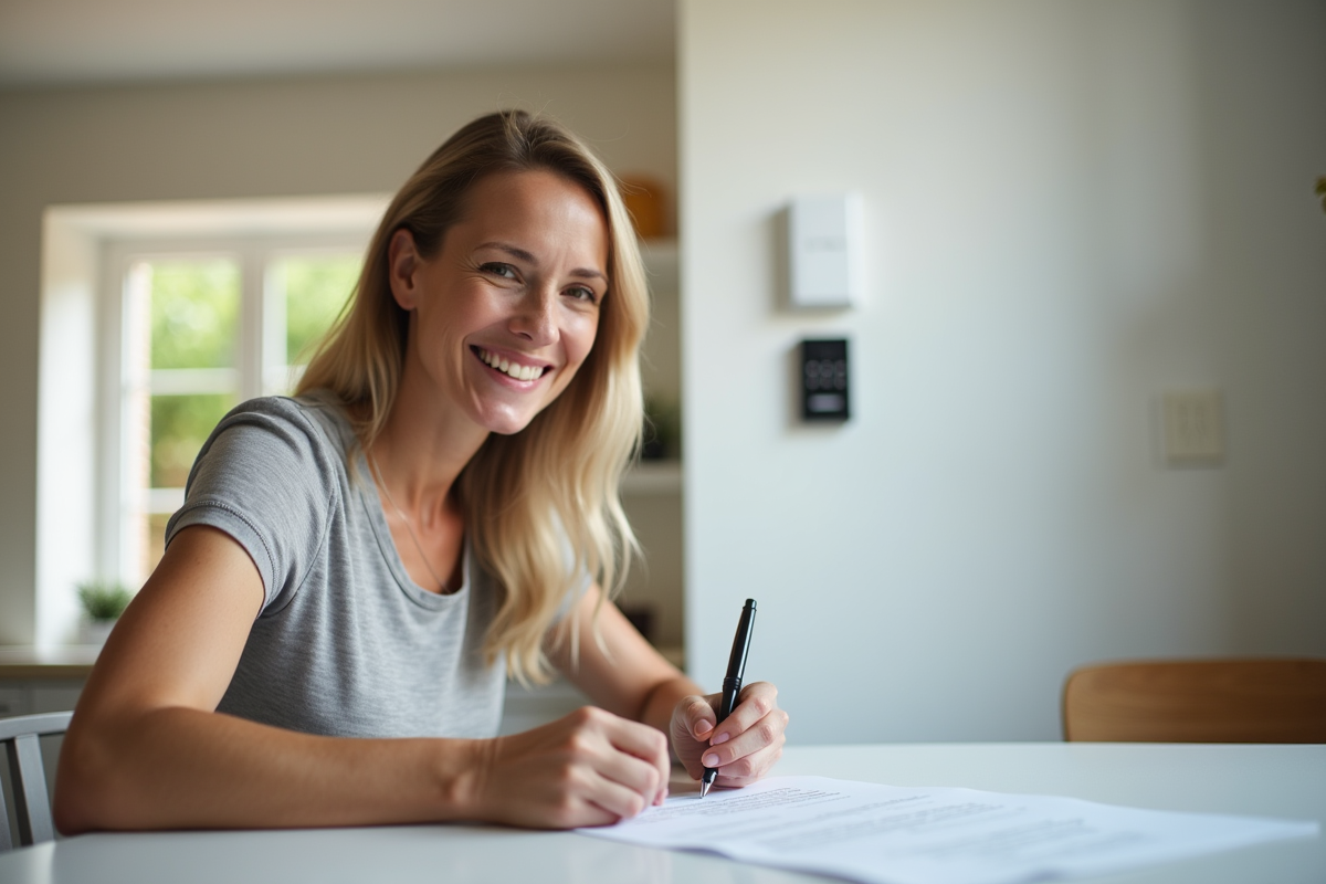 Propriétaire souriant signant des documents dans une cuisine lumineuse avec panneau Verisure
