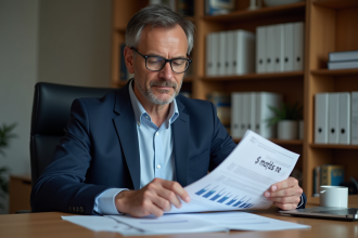 Homme d'affaires en costume bleu examinant documents financiers
