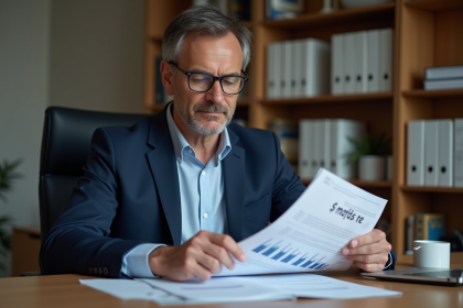 Homme d'affaires en costume bleu examinant documents financiers