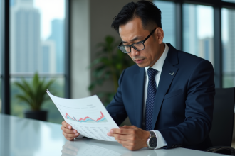 Homme d'affaires asiatique en costume bleu étude graphique crypto