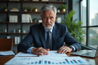 Homme d'affaires sérieux regardant un graphique euro en baisse