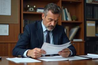 Homme d'affaires en costume bleu examine des factures dans un bureau moderne