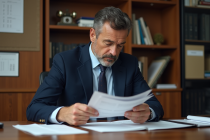 Homme d'affaires en costume bleu examine des factures dans un bureau moderne