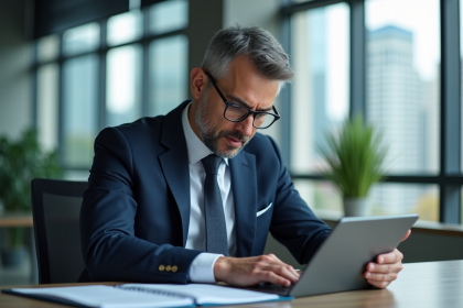 Homme d'affaires en costume bleu regardant un graphique sur tablette