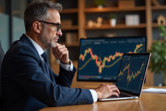 Homme d'âge moyen analysant des graphiques d'or sur son ordinateur