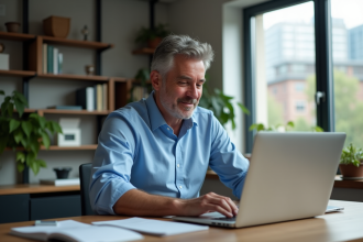 Homme concentré travaillant sur son ordinateur dans un bureau lumineux
