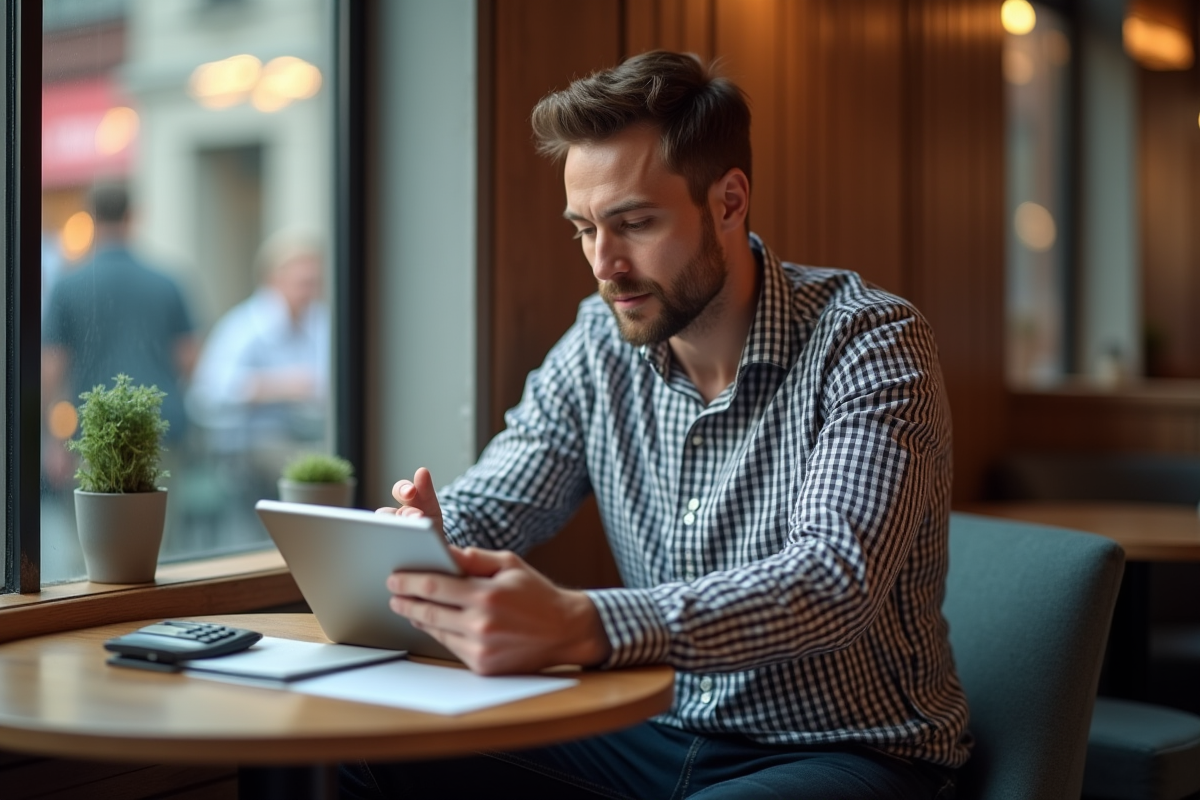 Homme au café analysant ses revenus sur une tablette
