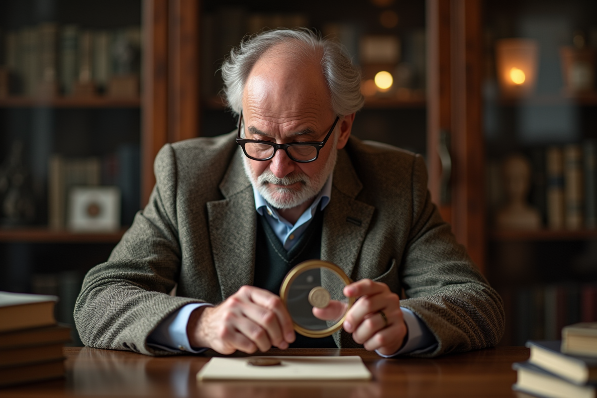 Homme d'âge moyen examinant une pièce antique avec une loupe