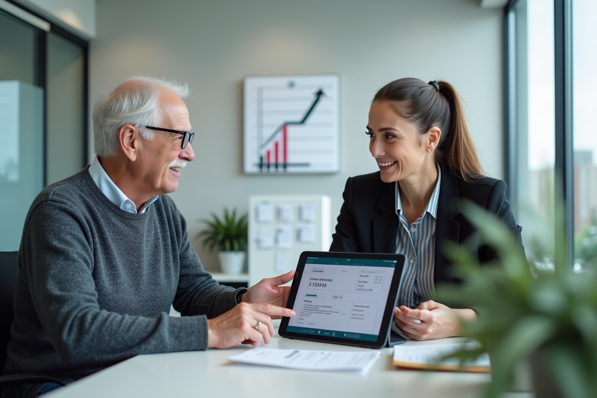 Homme âgé consulte un conseiller avec tablette numérique