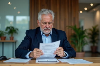 Homme d'âge moyen examinant un relevé bancaire confus