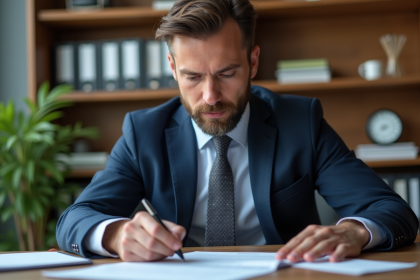 Homme en costume examinant un contrat de location au bureau