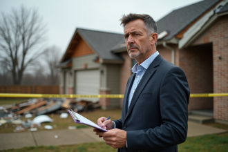 Homme d affaires observe une maison endommagee