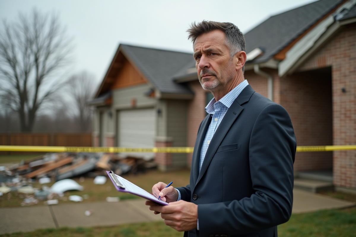 Homme d affaires observe une maison endommagee