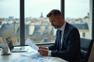Homme d affaires français en costume regardant des graphiques financiers