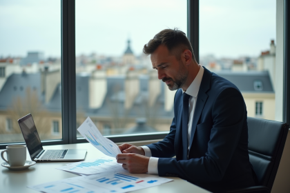Homme d affaires français en costume regardant des graphiques financiers