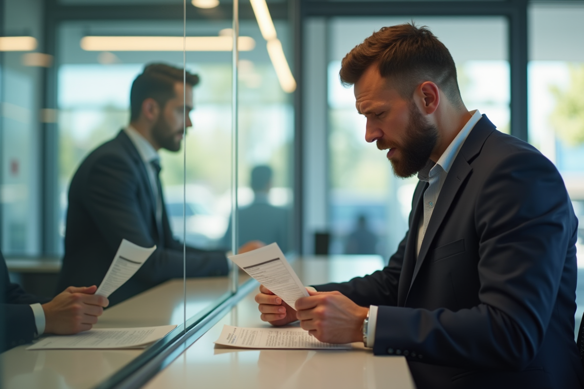 Homme frustré dans une banque moderne parlant au guichet