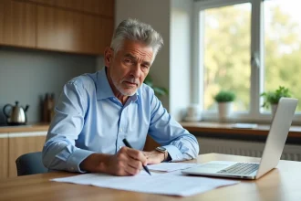 Homme âgé remplissant des papiers de pension à la maison
