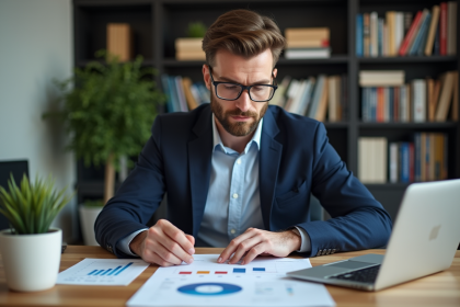 Homme en costume regardant des graphiques financiers