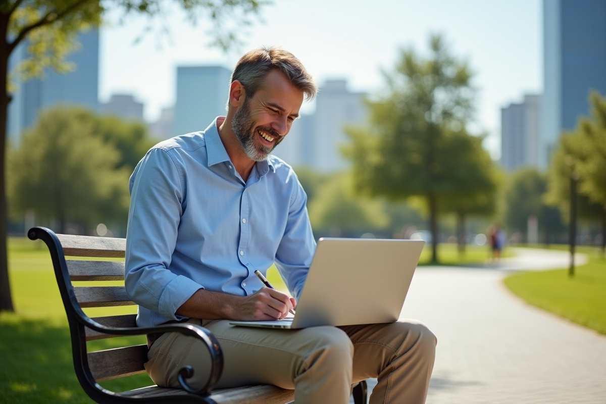 Homme détendu utilisant un ordinateur dans un parc
