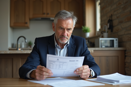 Homme d'âge moyen examinant un document immobilier dans une cuisine moderne