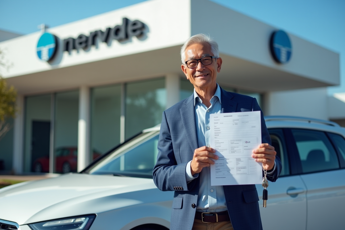 Homme avec formulaire de prêt et clés de voiture devant une banque