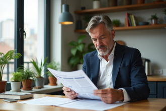 Homme d'âge moyen examine des annonces immobilières dans une cuisine lumineuse