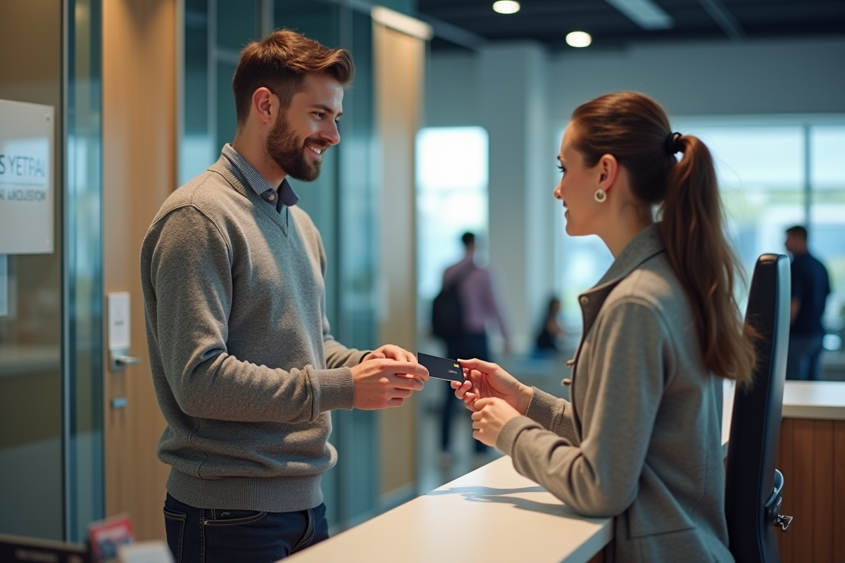 Homme remettant sa carte bancaire au guichet en agence bancaire