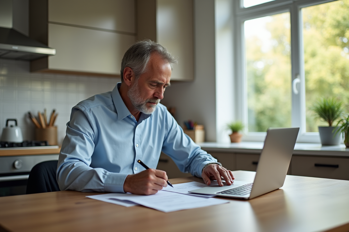 Homme remplissant une demande de prêt immobilier à la maison