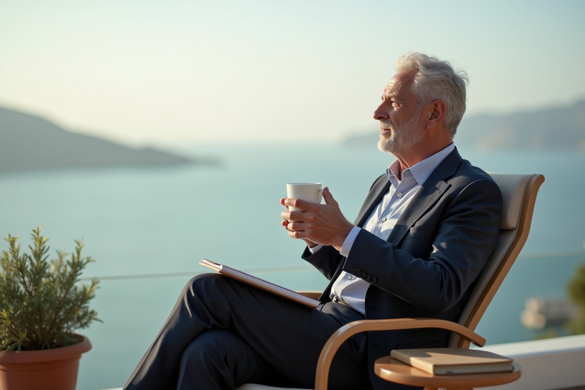 Homme détendu sur une terrasse avec vue sur la mer en matinée