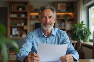 Homme d age en blue lisant documents de retraite