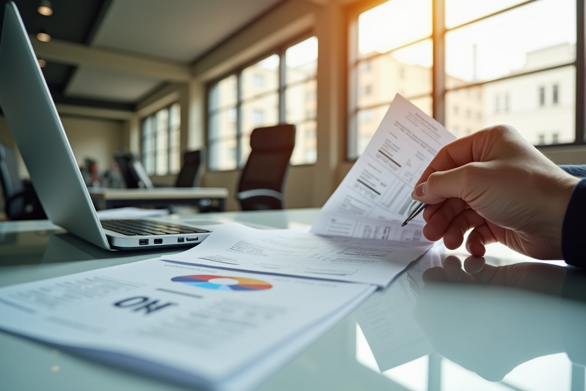 Homme professionnel examinant des papiers d emploi au bureau
