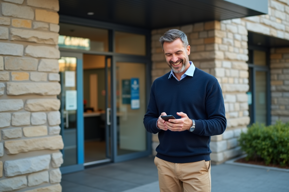 Homme détendu devant une agence bancaire avec smartphone