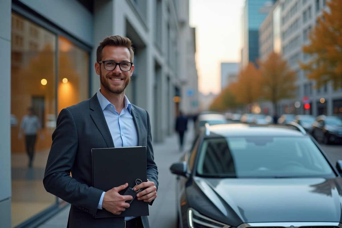 Homme souriant avec clés de voiture devant une banque en ville