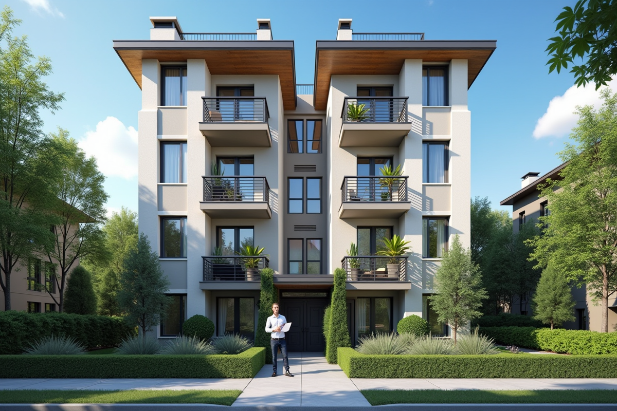 Immeuble dappartements avec paysage verdoyant et professionnel évaluant propriété