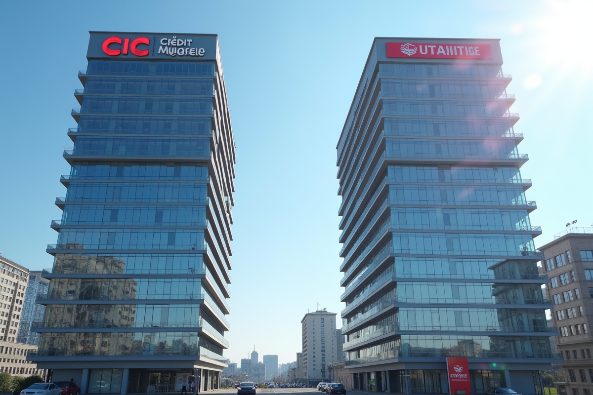 Deux immeubles modernes de banque avec logos CIC et Crédit Mutuel en plein jour