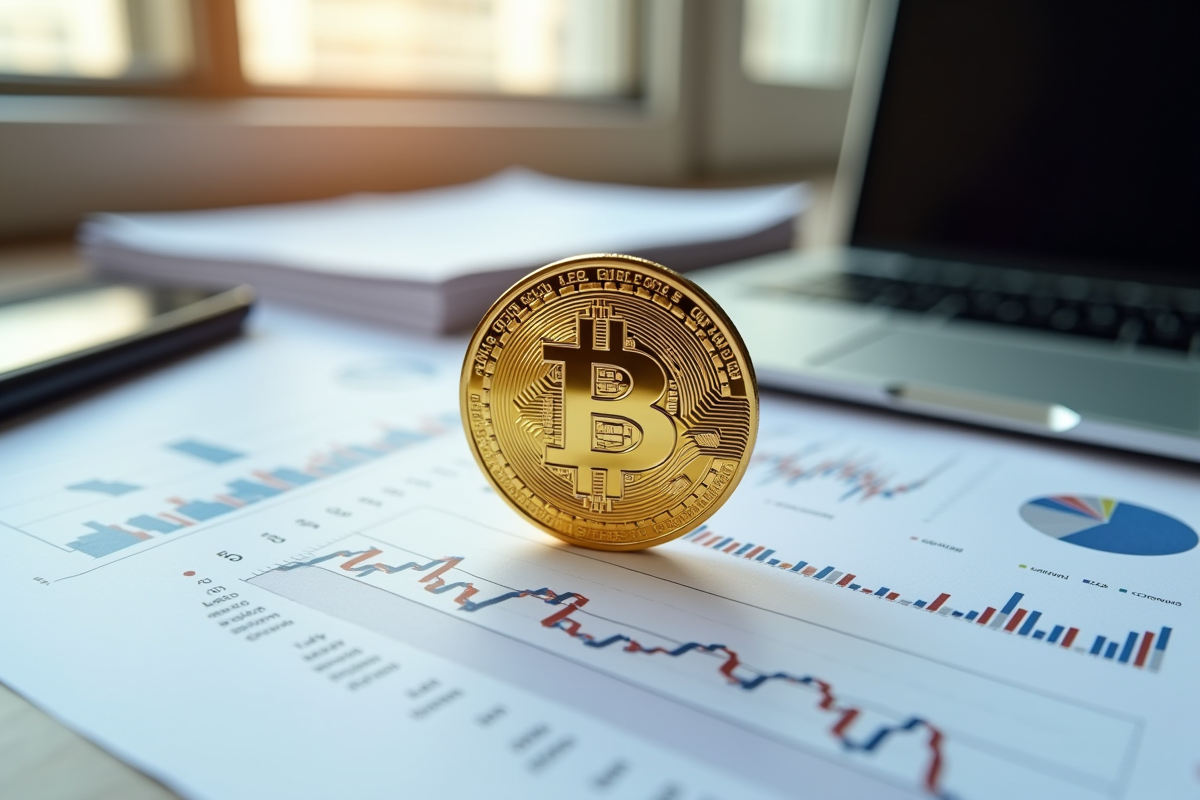 Pièce de cryptomonnaie en or sur documents financiers