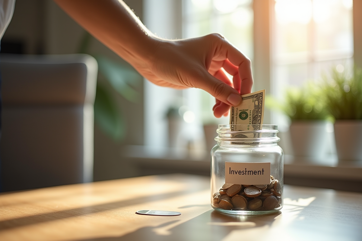 Jeune adulte déposant un billet de 50 dollars dans une jarre d'investissement