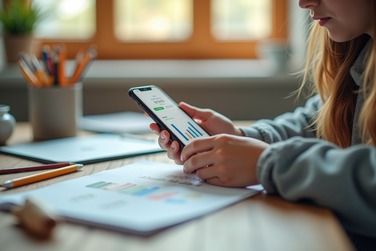 Jeune utilisant une application bancaire sur smartphone avec fournitures
