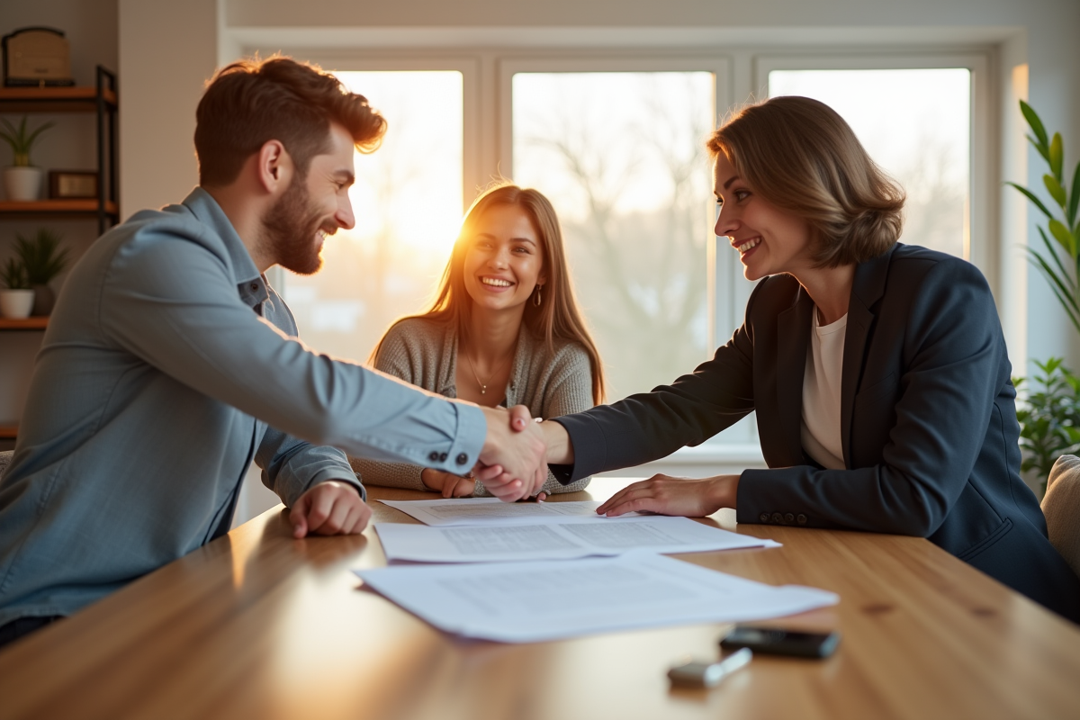 Jeune couple souriant avec contrat hypothécaire et clés