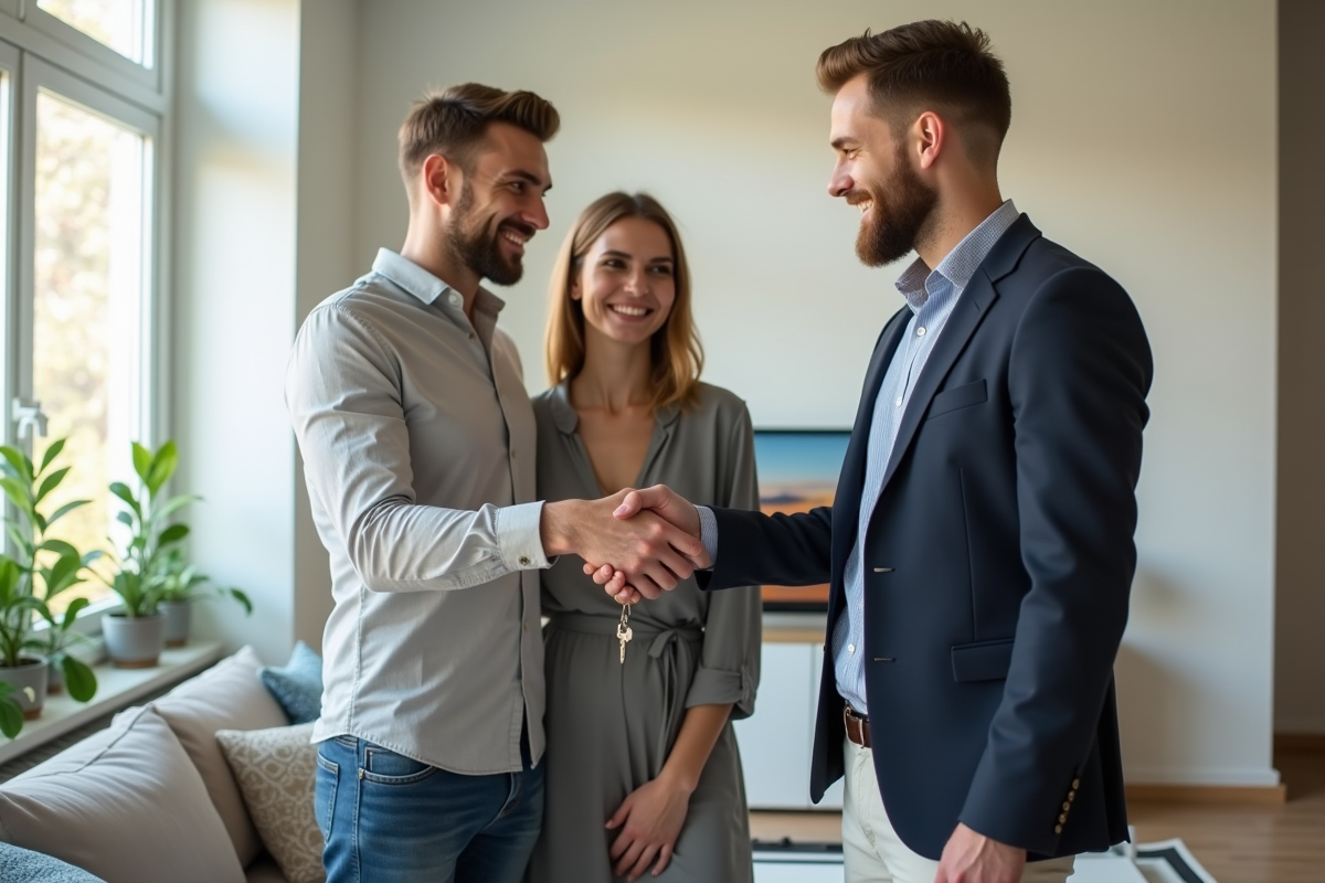 Jeune couple d'acheteurs avec agent immobilier dans un salon lumineux