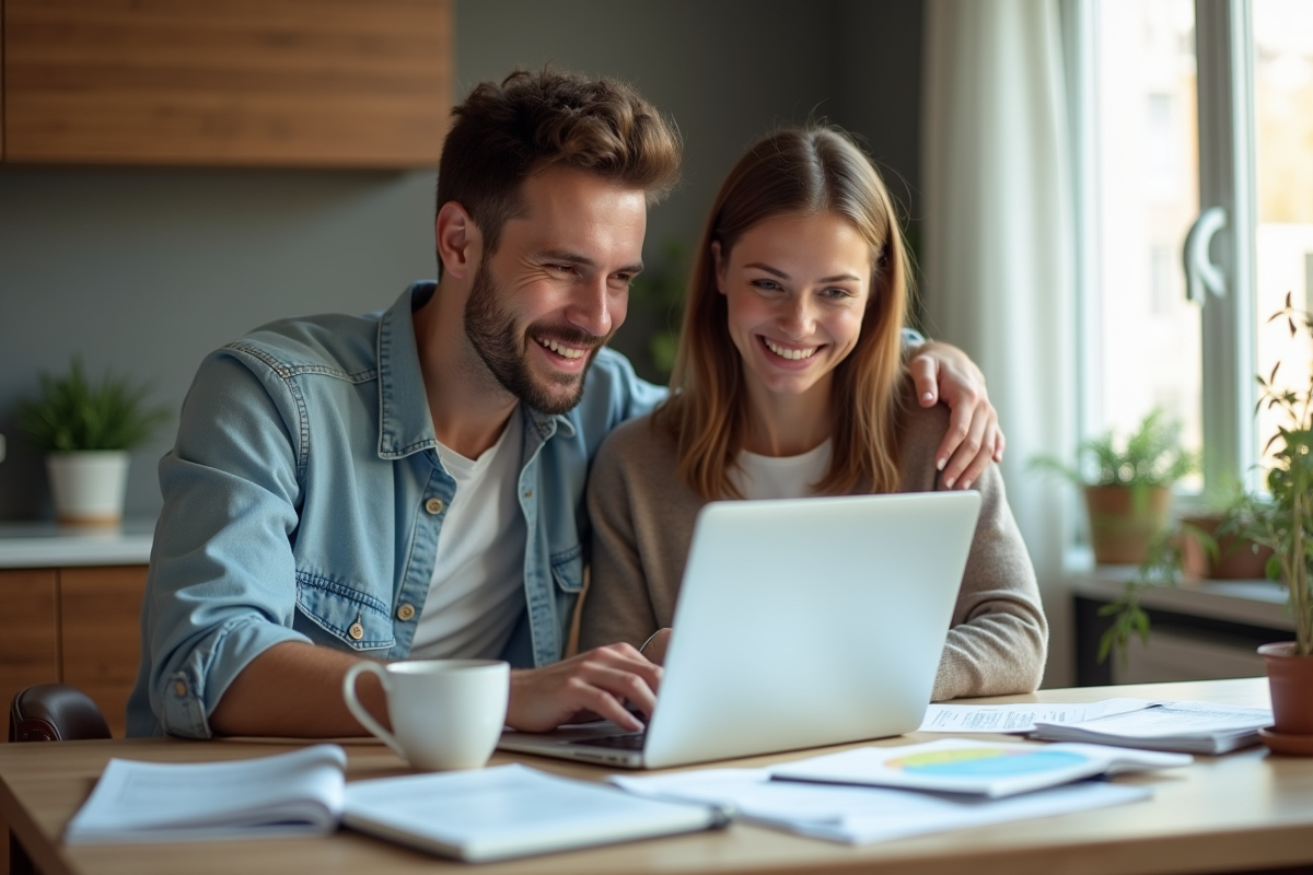 Jeune couple utilisant un ordinateur portable à la maison