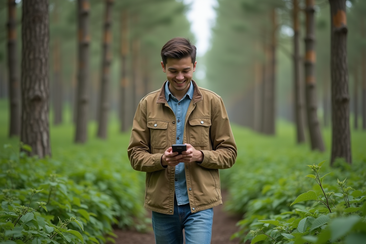 Jeune homme en veste écologique en forêt en utilisant une application