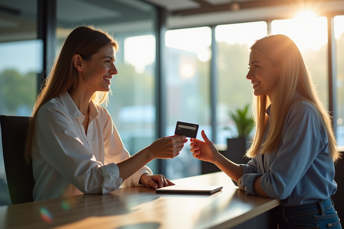 Jeune femme recevant une nouvelle carte bancaire au guichet