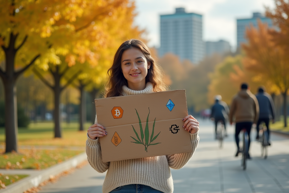 Jeune femme tient un panneau avec logos de cryptomonnaie dans un parc