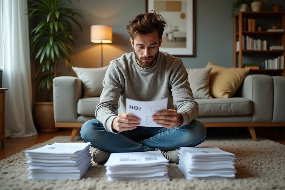 Jeune homme examinant maquette de maison avec papiers