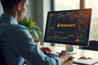 Jeune investisseur comparant des graphiques de cryptomonnaies sur un ordinateur dans un bureau lumineux