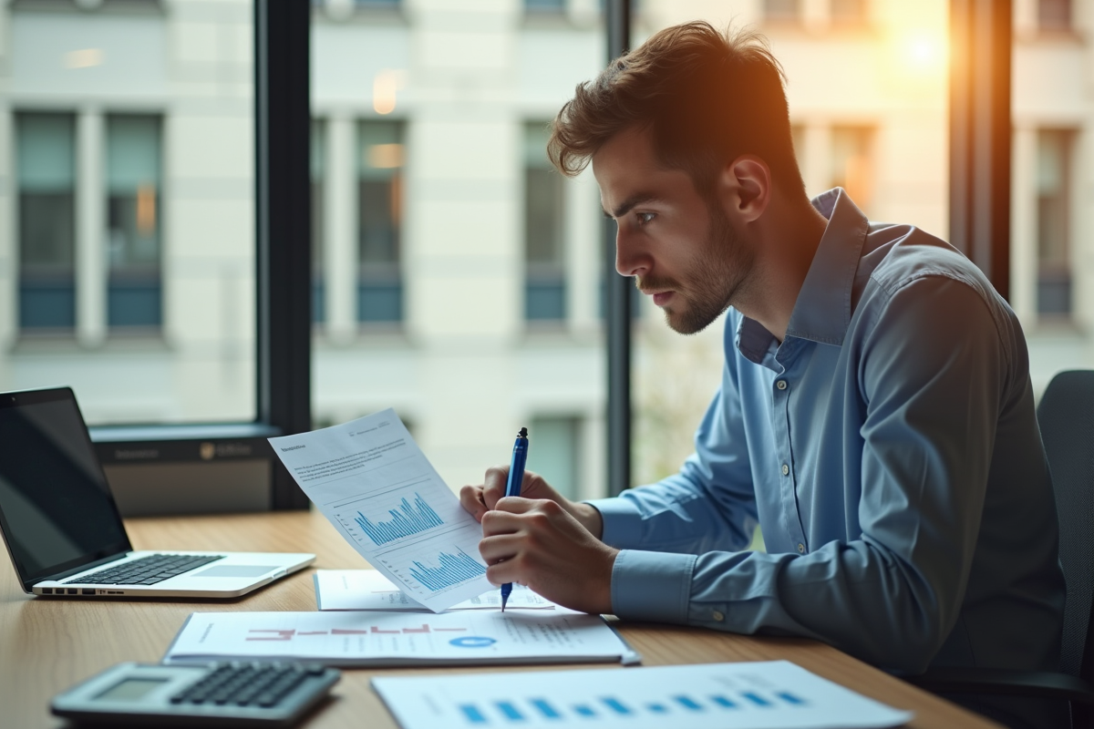 Jeune professionnel analysant deux documents financiers au bureau